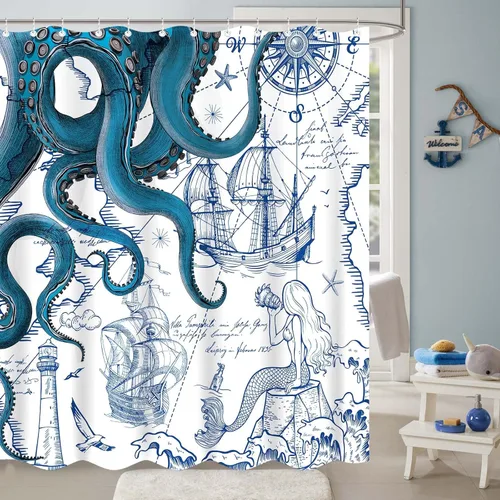 Miniatura 2 de Fungarth Cortina de ducha de pulpo náutico azul, sirena azul marino, divertida cortina de ducha estilo kraken del océano para baño, ancla fresca