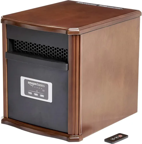 Amazon Basics Calentador de espacio portátil con control remoto, termostato ajustable, uso en interiores, ajuste de ahorro de energía, pantalla LED,