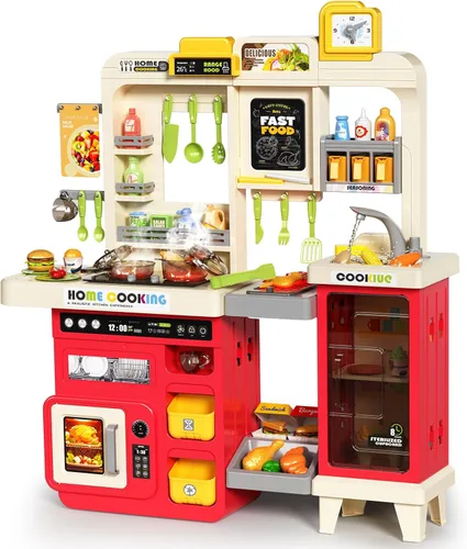 Pupu Pig Juego de cocina para niños, cocina de juego con estufa, parrilla, fregadero, comida de juguete, accesorios de cocina, cocina con luces Play