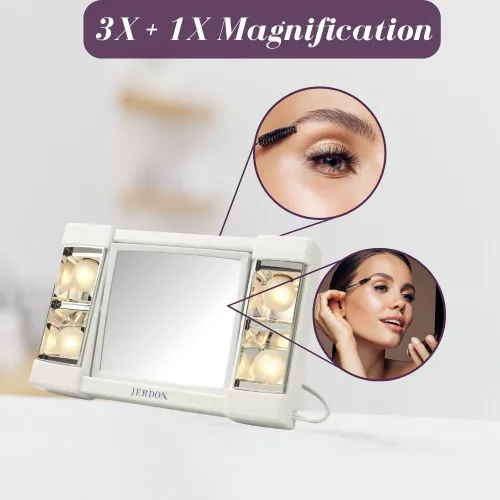 Miniatura 4 de JERDON Espejo de maquillaje de dos caras con luces, espejo de tocador con aumento 3X e iluminación sin deslumbramiento, base blanca, modelo J1010