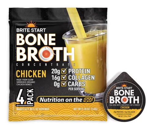 Brite Start Caldo de hueso - Caldo de hueso de pollo - 4 unidades - Concentrado apto para dieta cetogénica empaquetado con 0.66 oz de colágeno, 0.71