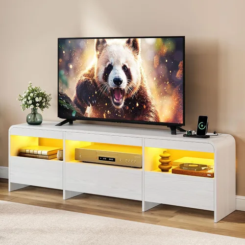 Soporte de TV LED para televisores de 65, 70 pulgadas, centro de entretenimiento con cajones y almacenamiento abierto, consola de TV de madera con