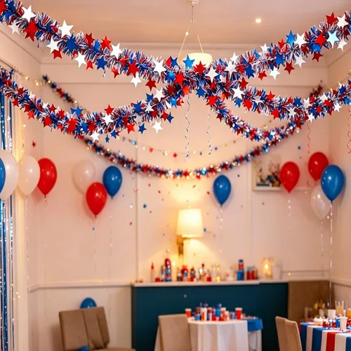Miniatura 5 de 4th of July Red White Blue Star Tinsel Garland - 33 Ft Memorial Day Patriotic Decoration Independence Day Metallic Tree Fine Filament Garland