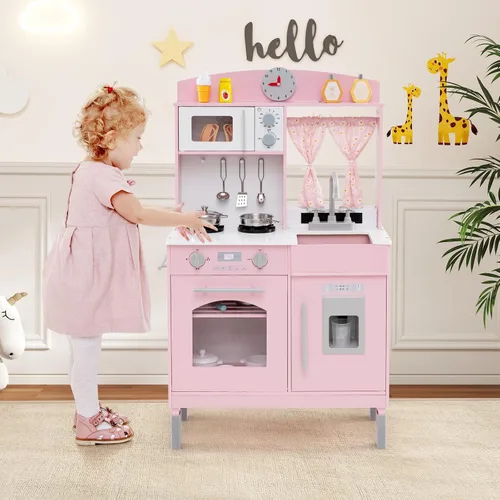 Miniatura 9 de Costzon Juego de Cocina para Niños, Juguetón de Madera de Pequeño Chef con 3 Alturas Ajustables, Barra de Toallas, Cortinas, Microondas, Estufas