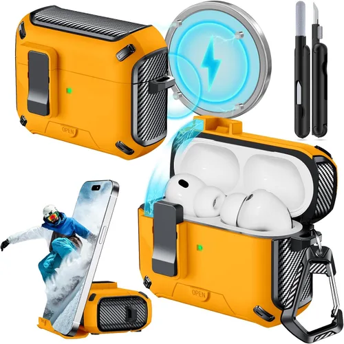 Miniatura 24 de Funda para AirPods Pro 2 (2023/2022/2019) con soporte para teléfono, (con interruptor a presión automático), diseño de fibra de carbono, cubierta