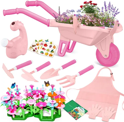 Miniatura 9 de Qtioucp 16 piezas de herramientas de jardinería para niños, juego de juguetes al aire libre con 93 piezas de bricolaje para jardín de flores, Verde