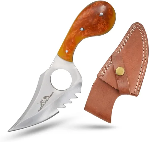 Cuchillo desollador de hoja fija hecho a mano, 7.25 pulgadas en total, 4.25 pulgadas de acero inoxidable media hoja dentada, mango de resina, con bp