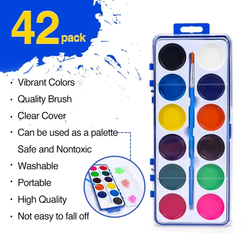 Miniatura 2 de Juego de 42 pinturas de acuarela para niños, 12 colores de acuarelas con pincel, juego de pintura de acuarela para niños para recuerdos de fiesta