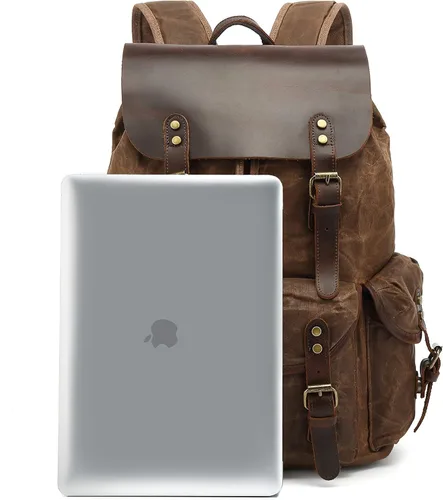 Miniatura 3 de Cuero genuino lona encerada mochila viaje mochila portátil bolsa Gris