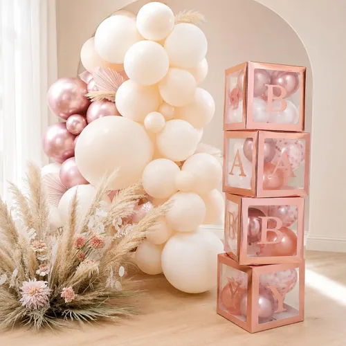 82 piezas de cajas de bebé de oro rosa con letras para decoraciones de baby shower, bloques de bebé transparentes jumbo para niña, caja de globos