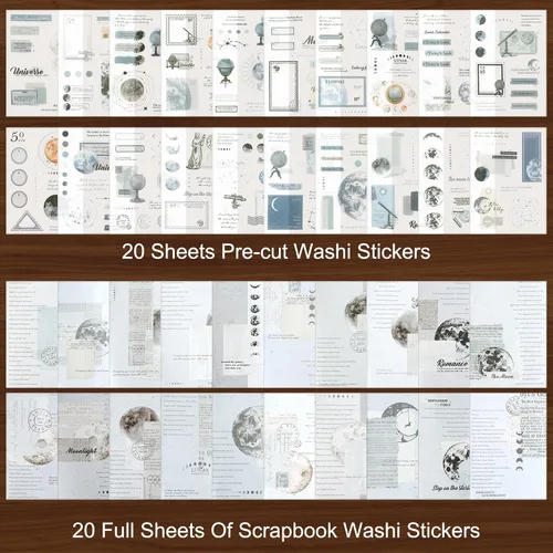 Miniatura 2 de Dizdkizd Calcomanías Washi con Temática Celestial para Journaling, Libro de Calcomanías de Efímera Vintage con 180 Calcomanías de Planetas y 20