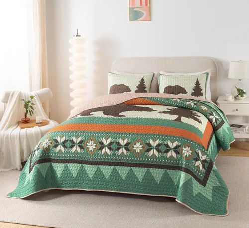 Miniatura 3 de Soul & Lane Juego de ropa de cama rústico para cabaña con diseño de oso - Tamaño individual con 1 funda, ropa de cama para cabaña en la naturaleza