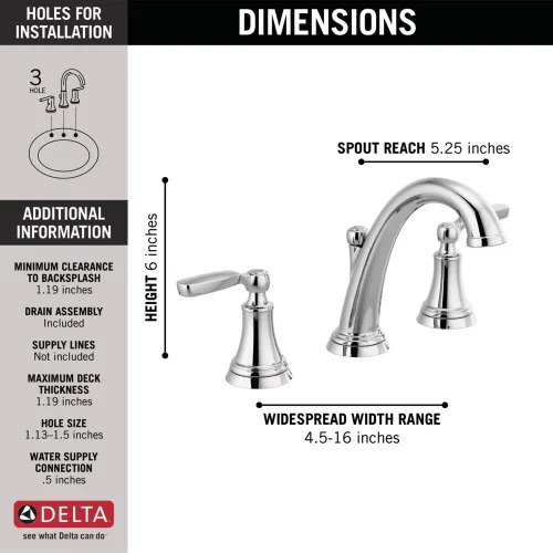 Miniatura 4 de Delta Faucet Woodhurst - Grifo de baño de gran extensión cromado, grifo de baño de 3 agujeros, llave de fregadero de baño, conjunto de desagüe