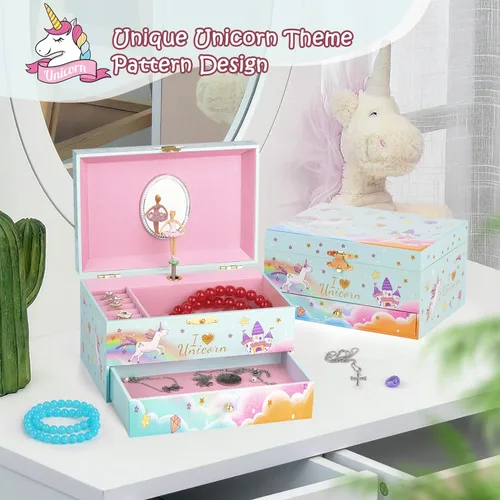 Miniatura 2 de Joyero para niñas, caja musical para niñas, organizador de joyas de bailarina para niña pequeña con collar de unicornio y pulsera, regalos