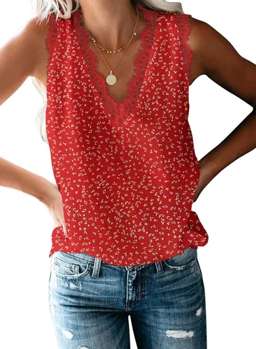 Miniatura 74 de VIISHOW - Camiseta sin mangas, sexy, con cuello en V y bordes de encaje para mujer, camisola de vestir, camisas de gasa, sin mangas, casuales