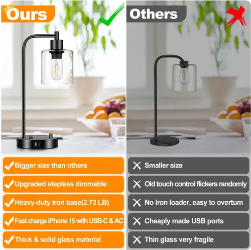 Miniatura 2 de Lámpara de mesa industrial con puertos USB A+C y toma de corriente, lámpara de mesita de noche moderna totalmente regulable, lámpara de escritorio