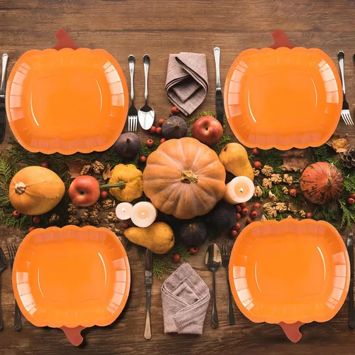 Miniatura 6 de Dandat 50 platos de papel desechables de calabaza de otoño de 9 pulgadas, platos de fiesta de cosecha de Acción de Gracias, naranja redondo