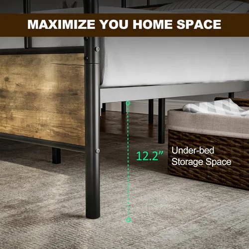 Miniatura 5 de IKIFLY Base de cama California King con cabecero de madera, cama de plataforma de metal California King, listones de acero resistente