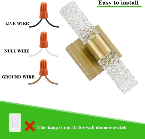 Miniatura 6 de Juego de 2 apliques de pared LED de cristal, lámparas de baño de oro cepillado, modernas luces de baño con LED con cable para dormitorio, sala
