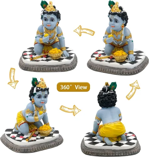 Miniatura 4 de alikiki Estatua de ídolo de bebé Krishna – 5.9 pulgadas de alto dios hindú Laddu Gopal arrodillado disfruta de Laddus India Murti Artículo