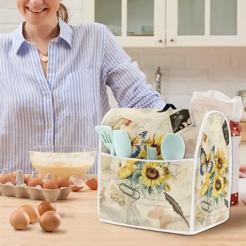 Miniatura 4 de UNICEU Protector de cubierta de batidora de soporte de cocina con estampado retro de mariposa de girasol, con mango superior, cubierta de polvo