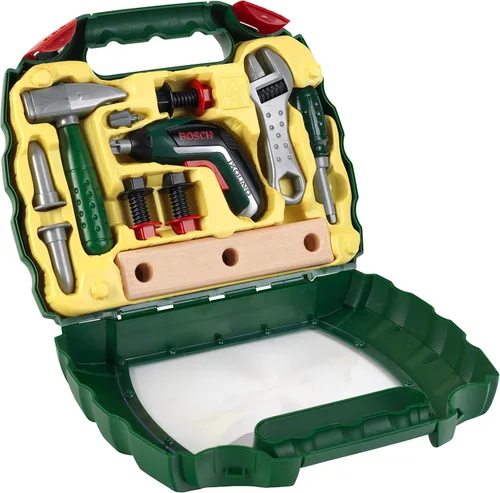 Klein Theo 8394 Bosch Ixolino Case I con martillo, llave inglesa y mucho más I Destornillador inalámbrico Ixolino a batería I Juguete para niños de