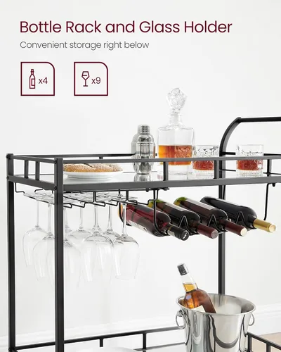 Miniatura 5 de VASAGLE Carrito de bar negro, carrito de servicio para bar en casa, carrito de vino con 2 estantes espejados, soportes para vino, soportes