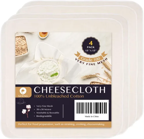 Paño de queso precortado, 15 x 15 pulgadas, paquete de 4, grado 100, paño de queso ultra fino para colar y cocinar, paño de muselina de algodón 100%