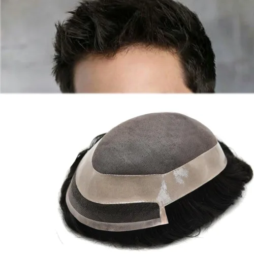 Miniatura 12 de Toupee para hombre pieza de cabello humano fino mono tupé piel de poliéster transparente alrededor de la pieza para hombres sistema de reemplazo