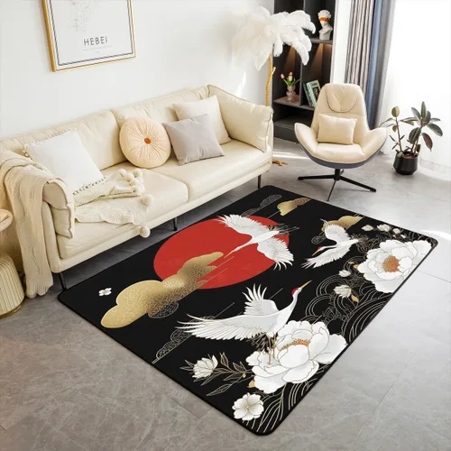 Miniatura 11 de Feelyou Alfombra retro de 5 x 7 pies con temática asiática para niños, adolescentes y adultos, estilo de pintura china con acuarela, alfombra Cian