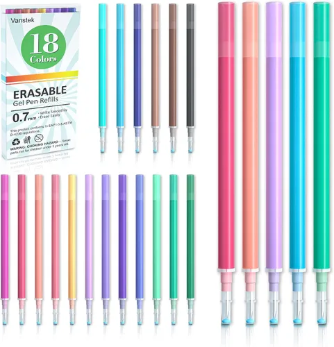 Vanstek 18 repuestos de bolígrafos borrables de colores surtidos, repuestos de tinta de gel compatibles con bolígrafos borrables, punta fina de