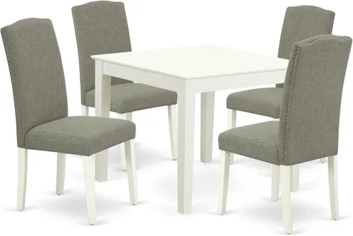 East West Furniture OXEN5-LWH-06 - Juego de mesa de comedor moderno de 5 piezas, incluye una mesa cuadrada de madera y 4 sillas Parson tapizadas de