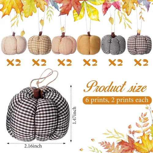 Miniatura 3 de Hiboom 12 adornos de calabaza de fieltro de otoño para decoración 3D de Acción de Gracias, 6 estilos, tela a cuadros, bellota, adorno colgante