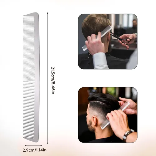 Miniatura 2 de Peine de metal de acero inoxidable con dientes finos para el cabello, antiestático, parte superior plana, peine de peluquero para peinar el cabello