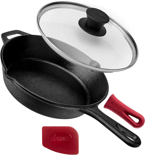 Miniatura 8 de Cuisinel Juego de sartenes de hierro fundido, sartén de 8 pulgadas + 12 pulgadas + tapas de vidrio, utensilios de cocina pre-sazonados, soportes