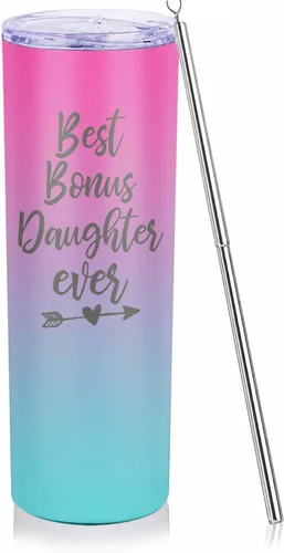 Gift for Bonus Daughter or Daughter In Law, 20 oz Skinny Tumbler for her, Happy Birthday Day Presents from Bonus Mom or Bonus Dad Cup with Lid Straw