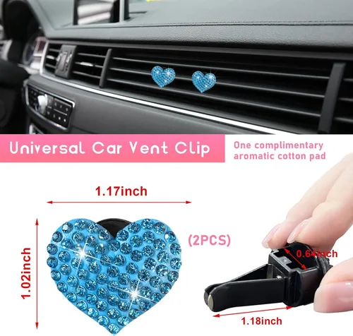 Miniatura 2 de Ziciner 2 dijes con forma de corazón brillante para ventilación de automóvil, con forma de corazón, clip de salida de aire acondicionado con Azul