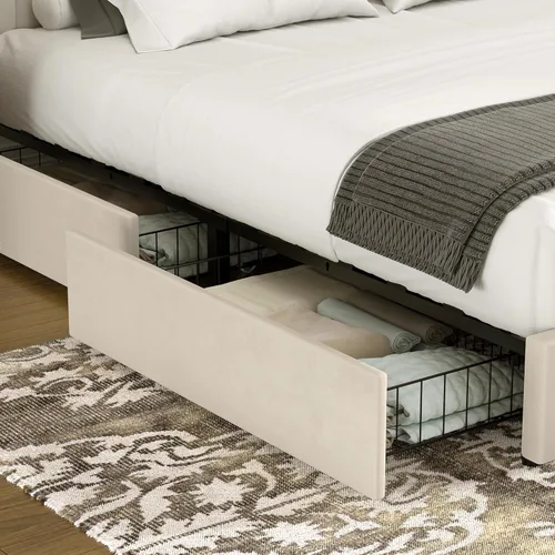 Miniatura 4 de VECELO Base de cama tapizada de tamaño matrimonial con 4 cajones y cabecero, plataforma de terciopelo, soporte de listones de madera, no necesita