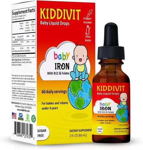 Gotas líquidas de hierro para bebés con vitamina B12 y folato, suplemento suave de soporte de hierro, 60 porciones diarias, fibra prebiótica