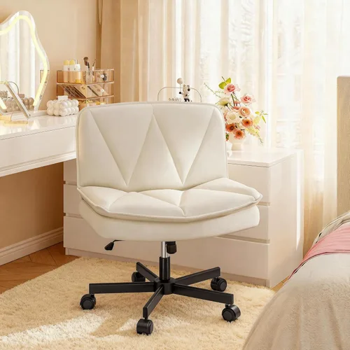 Miniatura 10 de DurayLoly Silla Criss Cross con Ruedas, Silla de Oficina con Patas Cruzadas con 2 Capas de Cuero Comfty & Back, Silla de Tocador Ancha sin Brazos