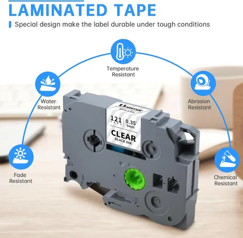 Miniatura 2 de Unismar Compatible con Brother Ptouch TZe-121 TZe121 TZ121 TZ 0.354 in 0.35 laminado negro sobre cinta transparente para etiquetadora P Touch PTD200