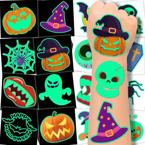winthrop 240 tatuajes temporales luminosos de Halloween para niños, envueltos individualmente que brillan en la oscuridad, tatuajes de seguridad