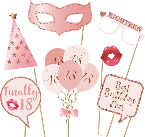 Miniatura 2 de Accesorios y letreros para cabina de fotos de fiesta de cumpleaños número 18, color oro rosa, kit de accesorios para selfies con palos para niñas