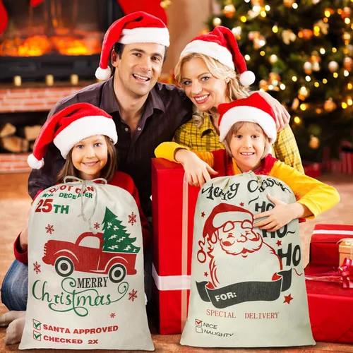Miniatura 6 de SULOLI 2 sacos grandes de Papá Noel, bolsa de regalo de lona de Navidad de 26 x 19 pulgadas con cordón para decoraciones de fiesta de Navidad