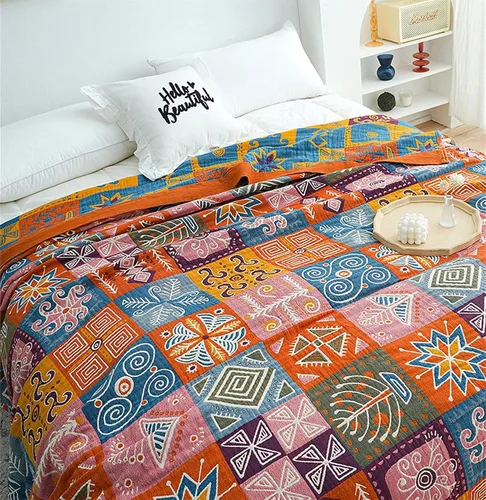 Miniatura 40 de MSGKV Manta de Tiro 100% Algodón para Cama Sofá Otoño 90''x 98'' Mantas de Muselina Súper Suaves Cálidas Colcha Bohemia Ligera Mantas Decorativas