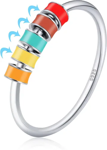 Miniatura 7 de LOVECOM Anillo giratorio de plata de ley 925 con cuentas esmaltadas coloridas para mujer, anillo giratorio antiansiedad, giratorio, apilable