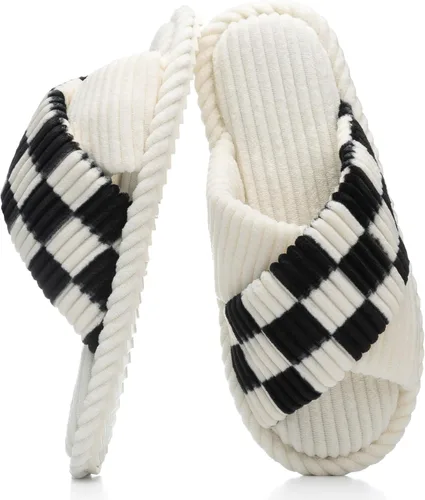 Miniatura 7 de GOEWY - Pantuflas para mujer con espuma viscoelástica para el hogar, con entretejido de pana, tiras cruzadas, con punta abierta, sandalias cómodas