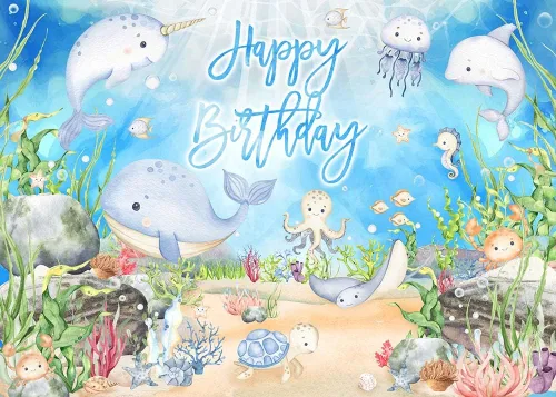 Miniatura 5 de Mocsicka Pancarta de cumpleaños con texto en inglés "Under The Sea", decoración de acuarela pulpo, ballena, tiburón, animal marino, fondo