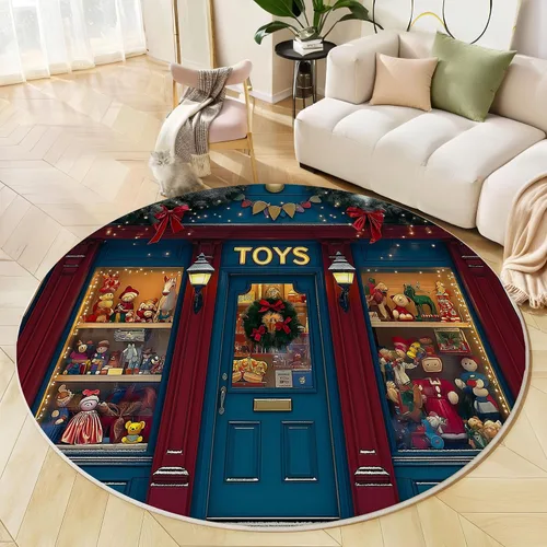 Miniatura 2 de Christmas Round Rug 6Ft Christmas Toy Window Display Washable Round Area Rug for Living Room Retro Theme Non Slip Soft Faux Wool Carpet Navy Blue