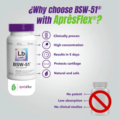 Miniatura 6 de Boswellia Serrata AprèsFlex® Advanced Joint Support - BSW-51 con ácido hialurónico, colágeno tipo II y piperina - 30 cápsulas, 860 mg cada una